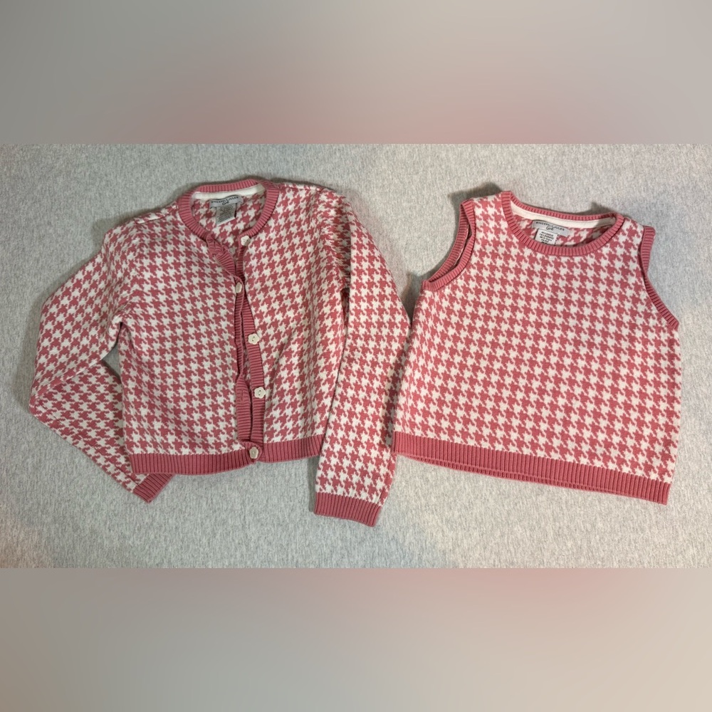 Sincerely Jules Girl Pink & White Houndstooth Knit Cardigan & Sleeveless Top Set